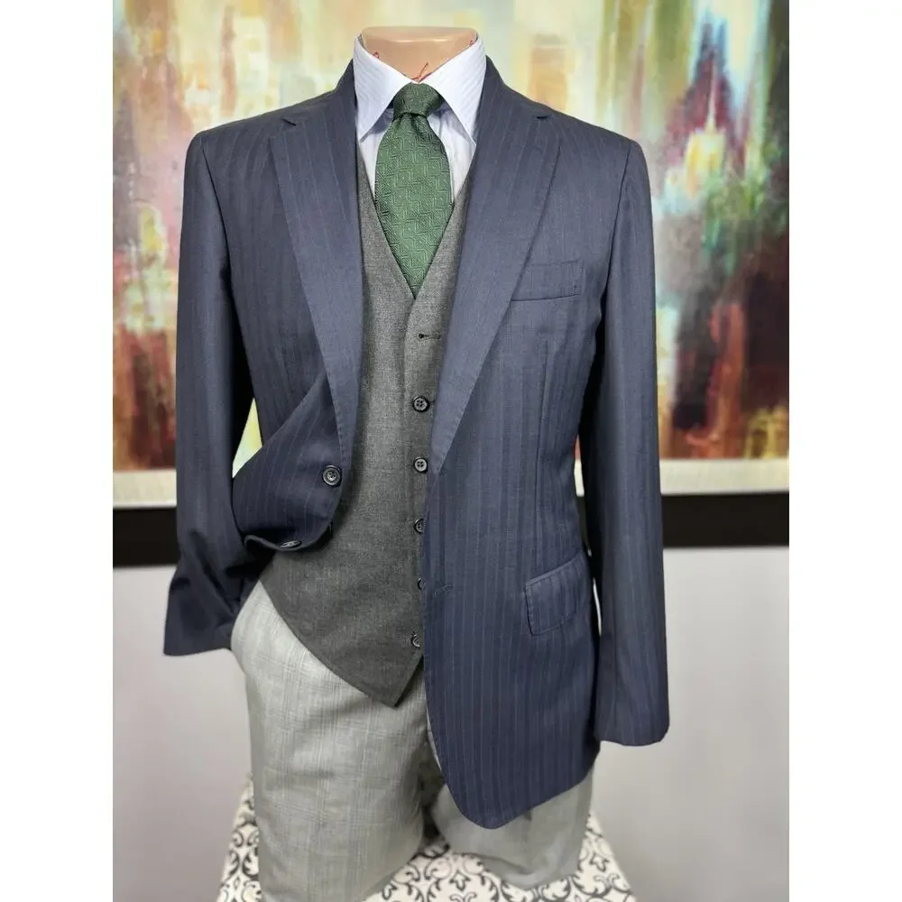 SARTORIO NAPOLI by KITON Italy 40R Blue Herringbone Stripe Wool Blazer 50IT Slim